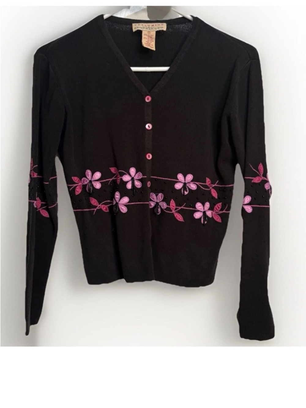 Black Cardigan with Pink Purple Floral Beaded Embroidery Vintage Y2K Small